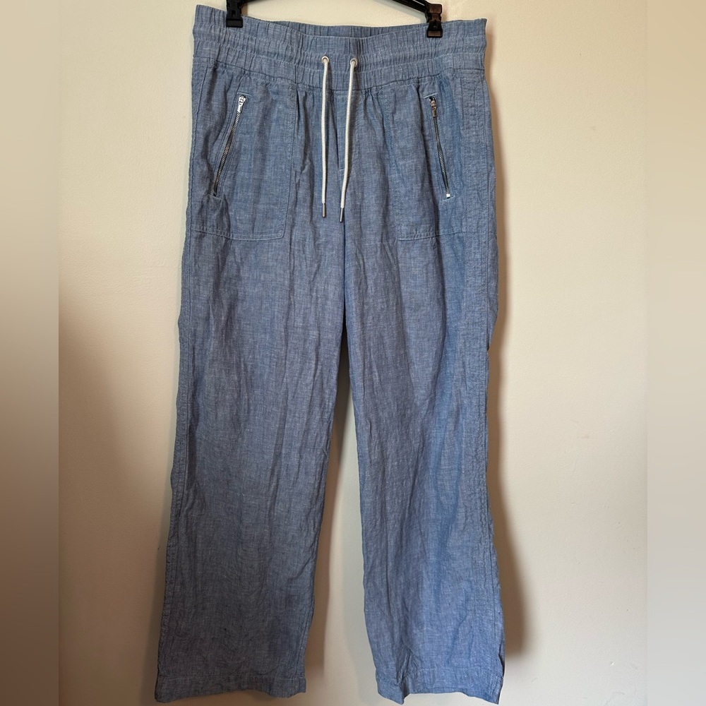 Athleta Cabo Wide Leg Linen Blue Drawstring Pants Size 10